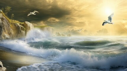 Fototapeta premium Stunning Coastal Seascape with Majestic Waves and Flying Seagulls