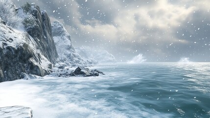 Stunning Winter Coastal Landscape with Snowy Mountains and Icy Waves