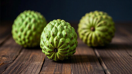 Obraz premium Three whole cherimoya with green bumpy skin sit on a wood surface. isolated