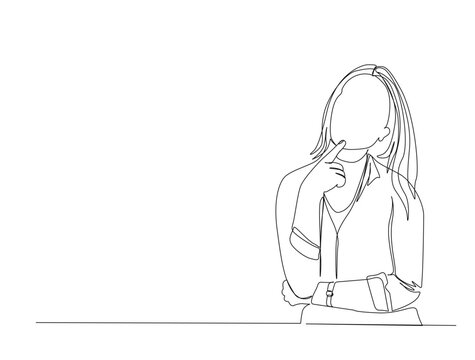 Continuous one line drawing of young lady thinking with put her finger in the chin. Woman pose thinking in single line draw illustration. Editable stroke.
