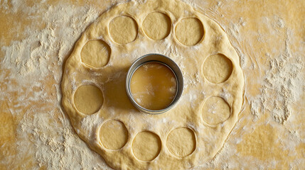 The Art of Dough: An overhead shot of dough cut out with a round cookie cutter on floured surface. This image captures the artistry of baking, the anticipation of creating something delicious.