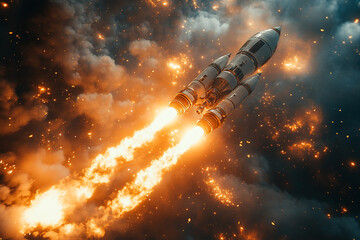 Obraz premium Blazing Ascent, A Rocket's Fiery Journey Through Celestial Clouds