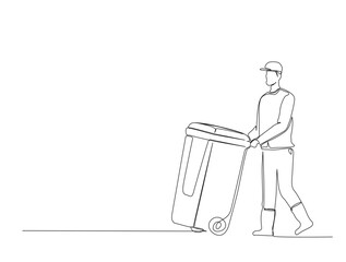 Continuous one line drawing of man with garbage container. Young man holds trash can in single line draw illustration. Editable stroke.
