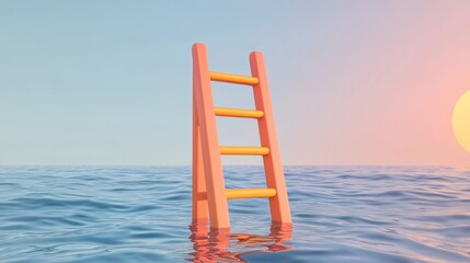 A vibrant ladder emerges from tranquil waters, set against a serene sky, symbolizing hope and ascension in a surreal landscape.