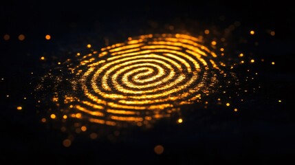Obraz premium Golden fingerprint shining on dark background representing security and identification