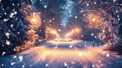Enchanted Winter Night: Snowfall Along a Magical Pathway