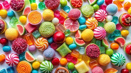 Fototapeta premium Colorful Candy Assortment on White Background - Sweet Treats Photography