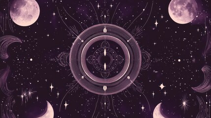 Celestial mandala, cosmic night, mystical design, purple background, spiritual art