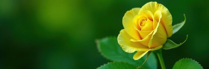 Delicate yellow rose bud unfolding on a lush green leaf, green leaves, yellow rose
