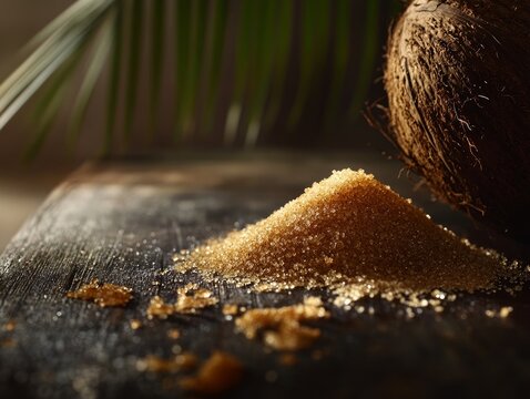 pile of coconut sugar on a dark wood table, next to a branch of a coconut tree