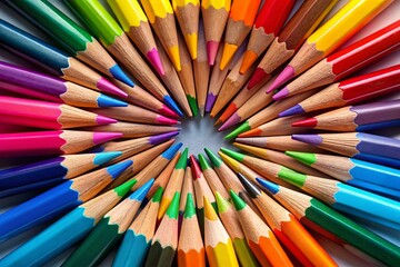 Colorful Circular Pencil Crayon Arrangement - Aerial View Stock Photo