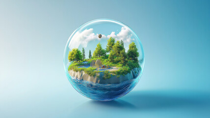 Eco-friendly world concept with a glass globe and colorful environment, highlighted by white tones