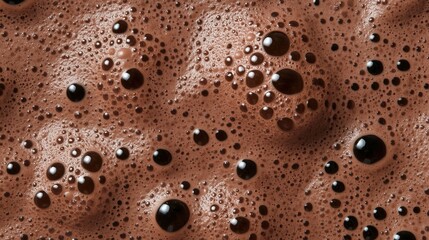 Close-up of rich chocolate foam with bubbles on a dark background.