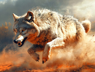 a wolf in mid-jump, surrounded by a cloud of dust and debris, against a background of golden grass and a dramatic, cloudy sky. The wolf's fur is a mix of gray and white