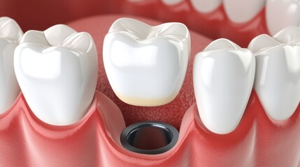 A dental crown hovers above a prepared tooth, ready for placement into the gums, showing the implant base.