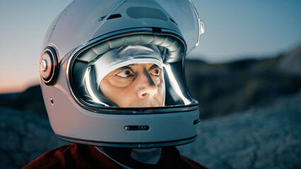 Astronaut With Helmet Prepares For Cold Night In Uninhabited Planet