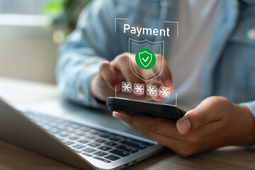 Secure online payment, Digital banking, Payment successful, Fintech solutions for seamless transactions and data protection, Online banking, Businessman authorizes an online payment via smartphone.
