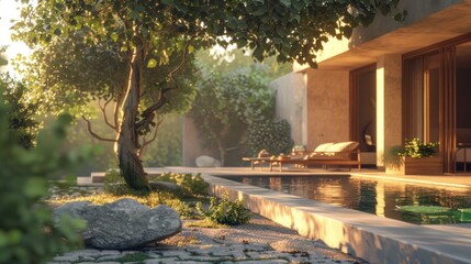 Obraz premium photorealistic of a greek house inspired with biophilia and minimalistic style, add wood materials, and a glimpse of the pool