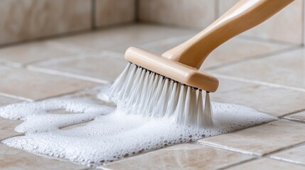 Wooden brush scrubbing soapy tiled floor, cleaning bathroom grout with detergent foam.