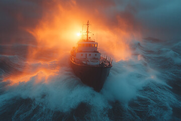 Obraz premium Ship battling the ocean's fury illuminated by ethereal sunset glow