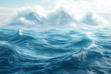 Fototapeta premium Majestic mountains shrouded in mist rise beyond a turbulent turquoise sea