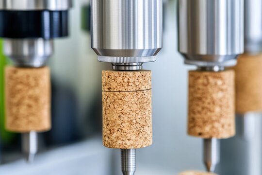 Close-up of machine processing wine corks, ready for bottling, ensuring quality and precision.