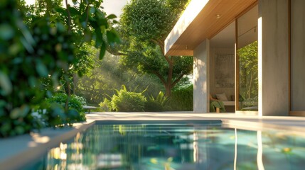 Fototapeta premium photorealistic of a greek house inspired with biophilia and minimalistic style, add wood materials, and a glimpse of the pool