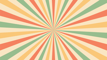 Sunray circus-inspired retro background with a radial vintage burst. Sunburst pattern featuring striped beams and starburst lines. Old poster-style vector illustration.