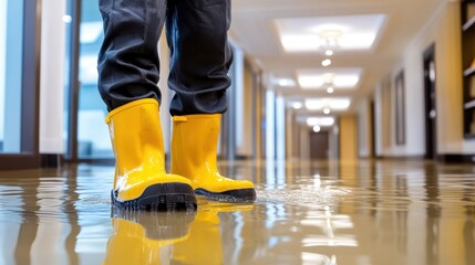 Person in yellow boots walking through flooded hallway, inspecting water damage after a leak.