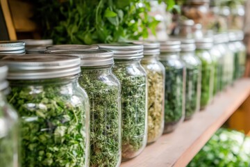 Preserving herbs for later use: glass jars filled with dried herbs on a shelf