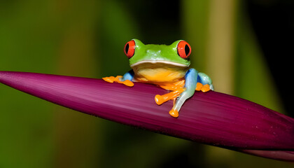 Naklejka premium Red-eyed tree frog on purple bloom