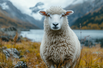 Fototapeta premium Sheep Portrait Amidst Misty Mountains and Serene Lakeside Scenery