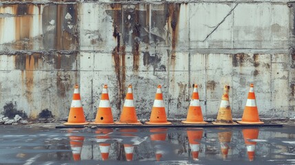 Construction Site Cones Reflecting in a Wet Urban Landscape. A Grunge Architectural View of Industrial Design.