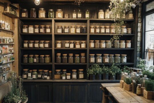 Various spices and herbs displayed on shelves and table in traditional shop