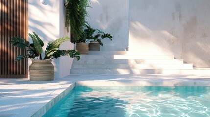 Fototapeta premium photorealistic of a greek house inspired with biophilia and minimalistic style, add wood materials, and a glimpse of the pool