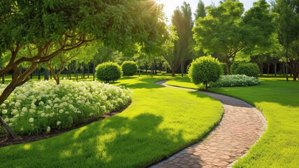 Naklejka premium Scenic Summer Garden Path with Trees and Lawn in a Tranquil Landscape