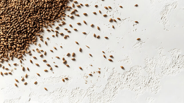 A spread of cumin seeds across a smooth white surface, showcasing their natural brown hue and detailed texture.