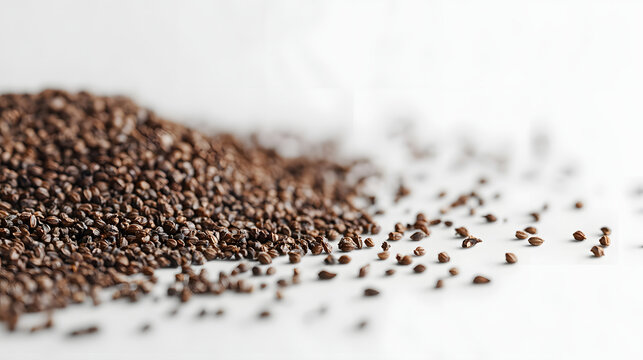 A spread of cumin seeds across a smooth white surface, showcasing their natural brown hue and detailed texture.
