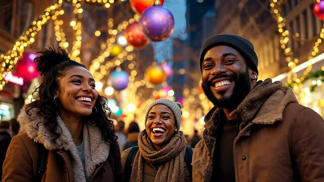 Illuminated Joy: A vibrant trio radiates warmth and laughter amidst a festive outdoor setting, capturing the essence of connection and celebration.