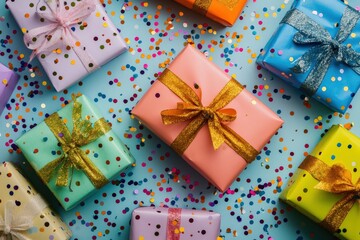 Obraz premium Colorful gift boxes with ribbons and confetti celebrating special occasions
