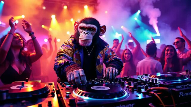 Monkey DJ in the Spotlight: A monkey DJ, clad in stylish attire, commands the turntables amidst a vibrant party scene, bathed in colorful lights and the energy of a crowd. 