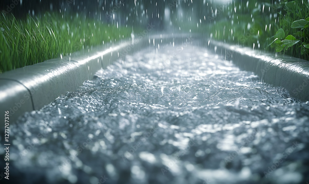 Poster a stormwater drainage system in action, showcasing urban infrastructure and environmental management