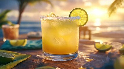 Fototapeta premium Refreshing margarita cocktail at sunset on a beach. Perfect for summer vacation promotions, travel ads, or restaurant menus.