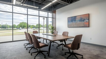 Modern Conference Room Interior with Large Windows and Abstract Artwork