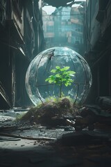 Fototapeta premium Solitary Plant Encased in Futuristic Glass Dome in Abandoned World, Last Hope for Nature