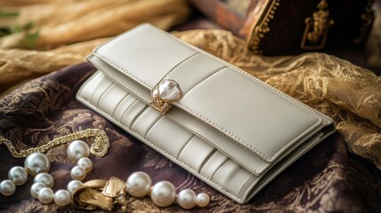 A luxurious women's wallet in pearl white leather, displayed with pearl accessories.