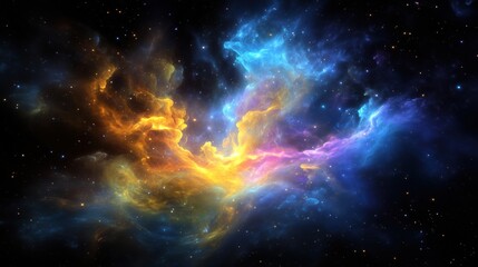 Fototapeta premium A vibrant cosmic nebula with swirling colors of blue, orange, and purple against a starry background.