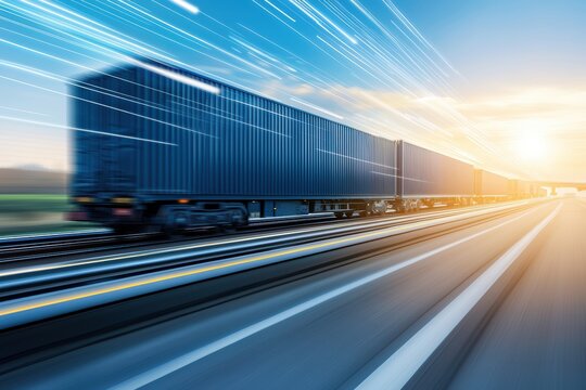 A fast-moving freight train blurs past as the sun sets, creating a dynamic scene with vibrant colors and motion effects.