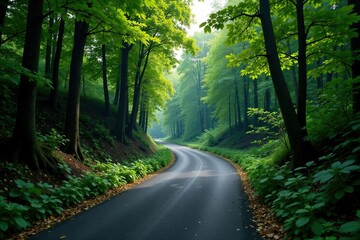 Dense foliage surrounds a winding road through the forest, scenery, trees