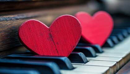 Two red wooden hearts on piano keys.